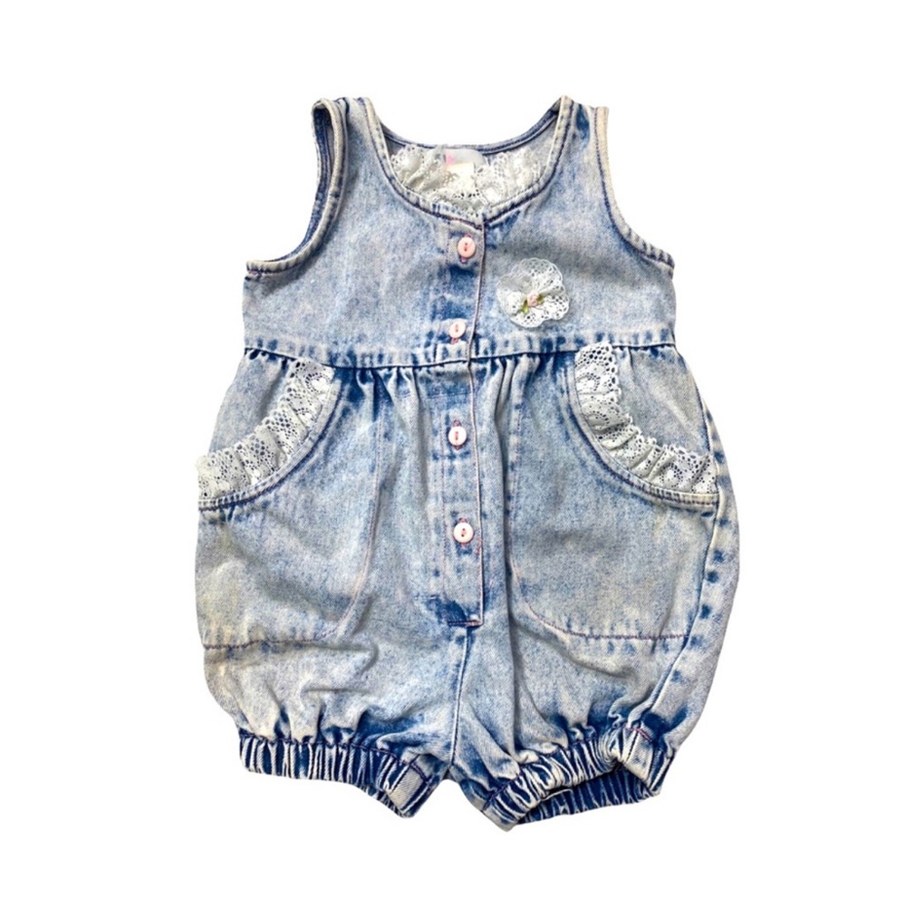 Vintage 89s Acid Wash Denim Baby Girls Jumper Pink Bows & White Lace 3 Months